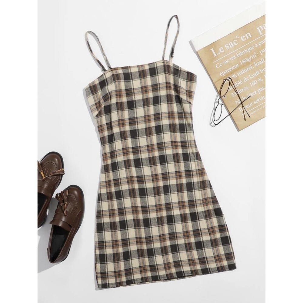 Romwe Dress Mini Plaid Beige Tan Brown Preppy Grunge XS